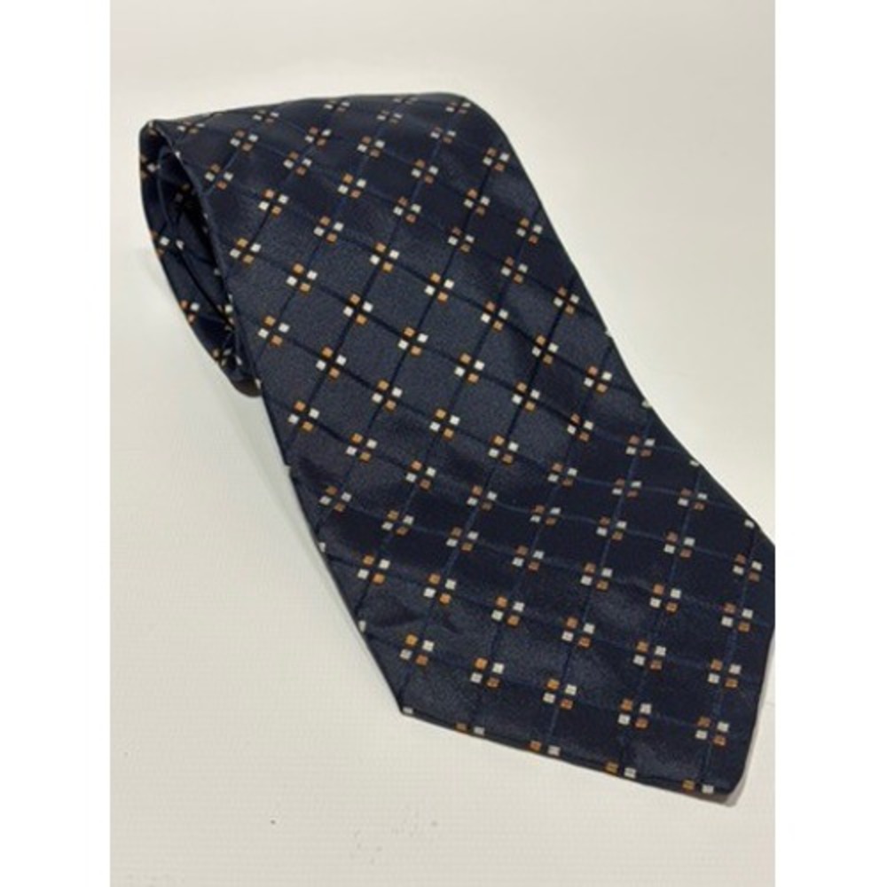 Angelos Italian Luxury Silk Tie Necktie Navy Blue Gold White Diamond‎